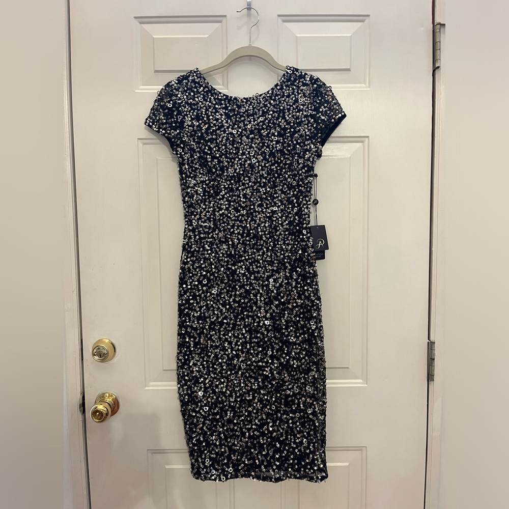 Adrianna Papell Black Sequin Midi Dress, Size 2 NWT